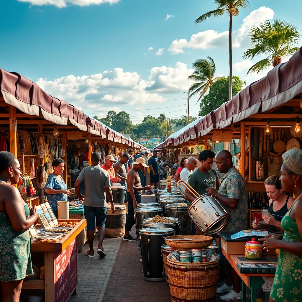 An outdoor market at the Steel Pan Competition featuring local artisans selling crafts and food. The scene should showcase colorful stalls, happy customers, and artisans demonstrating their skills in a lively, festive atmosphere.