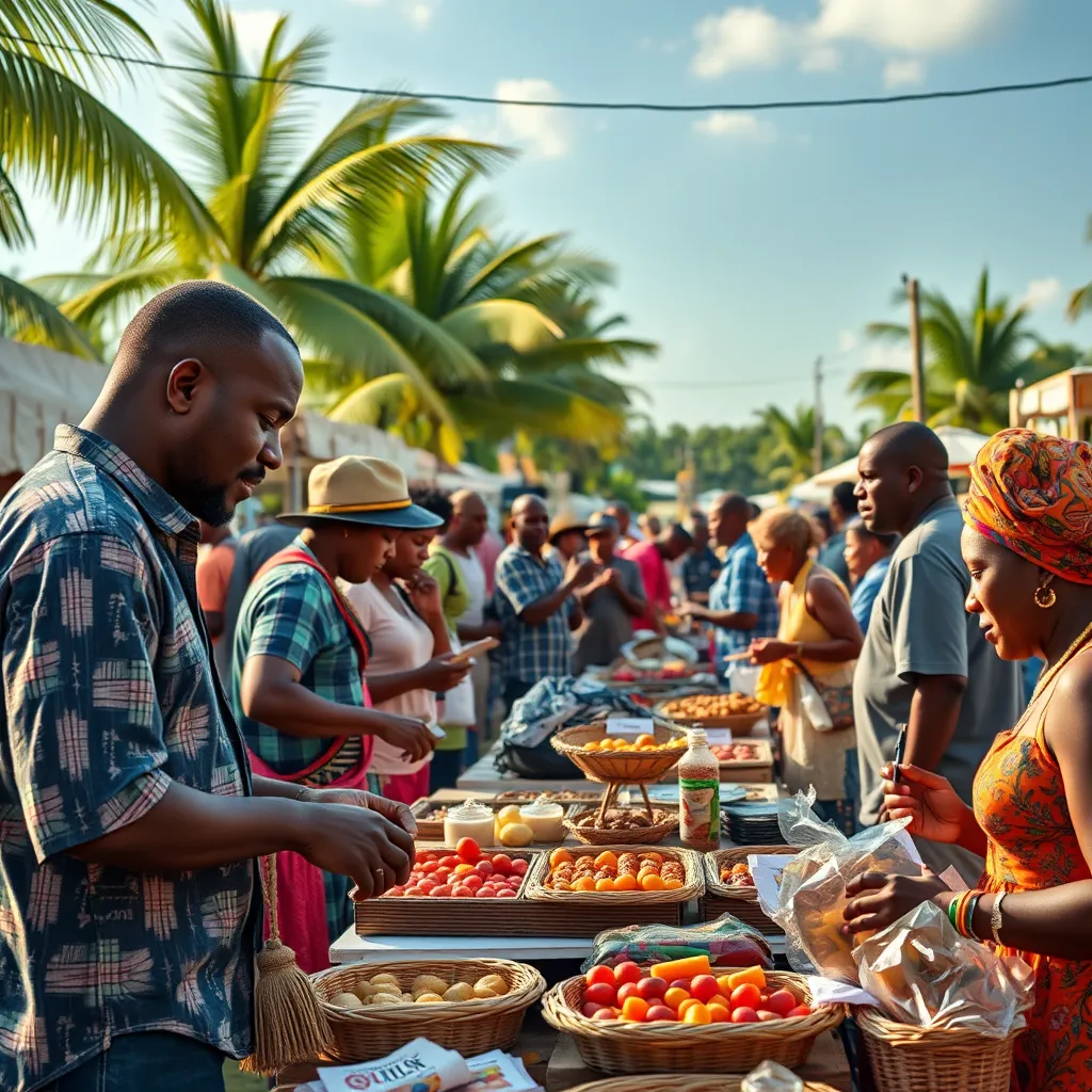 An outdoor market setting at the competition featuring local artisans selling handcrafted goods and foods. People of various ages are engaging in buying and learning about the products, with steel bands playing music in the background, illustrating a lively and economically vibrant atmosphere.