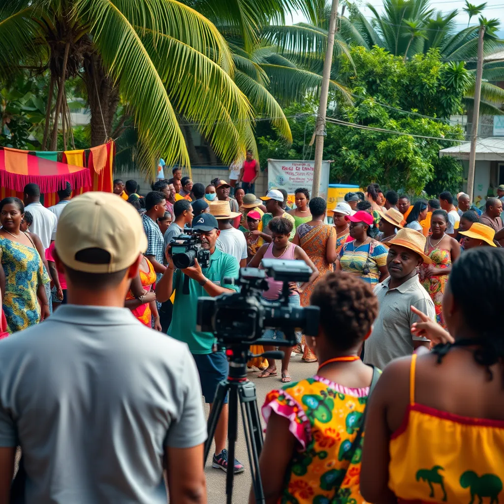 An outdoor scene showcasing various cultural events in Guadeloupe, with diverse groups of people celebrating and engaging in traditional practices. There are audiovisual professionals capturing the moments, highlighting the importance of local culture and community involvement. The setting should be vibrant and lively, representing the Caribbean spirit.
