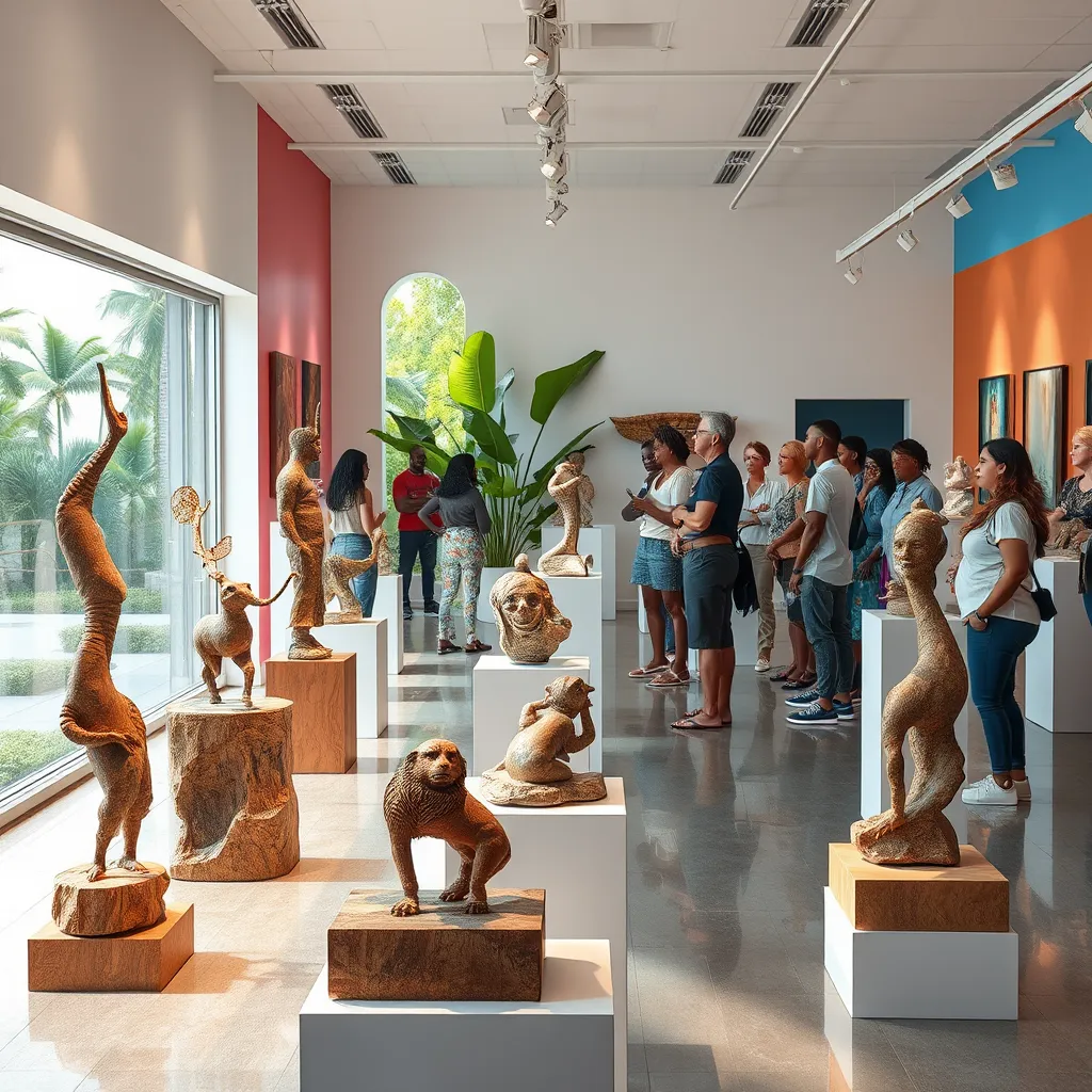 An ultra-high quality image of a local sculpture exhibition set in a bright gallery. The scene showcases various intricately designed sculptures made from wood, stone, and recycled materials, displayed on pedestals with soft spotlights illuminating each piece. Visitors of diverse backgrounds admire the artwork with expressions of awe and engagement. The gallery walls are adorned with vibrant colors reflecting Caribbean culture, and artists can be seen in the background discussing their works. A large window allows natural light to flood into the space, creating an inviting atmosphere. The outdoor view features tropical greenery, enhancing the connection between the art and the natural environment. Created in hyperrealistic style, this image should capture the textures of each sculpture and the subtle reflections on the polished floors, rendered in 8K resolution.