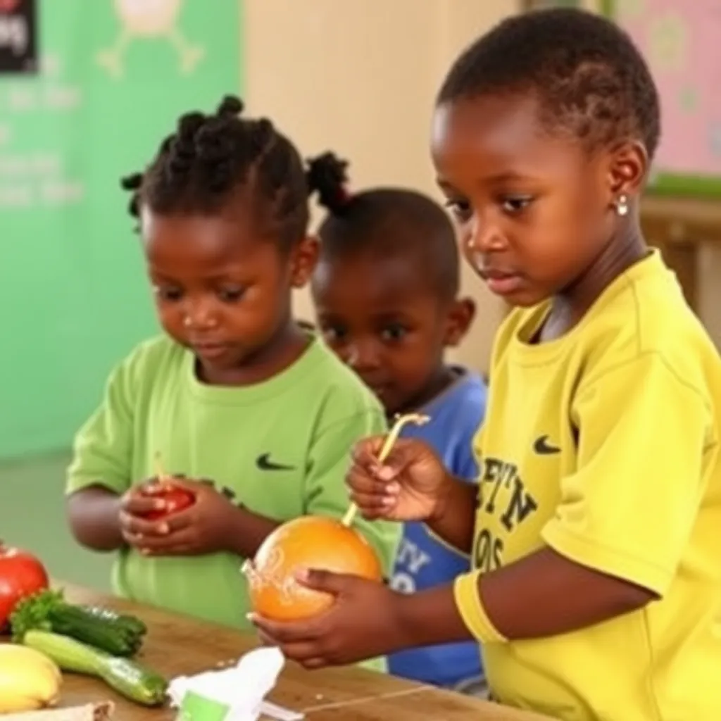 Illustrate a vibrant and engaging workshop for children and adults focusing on nutrition and well-being. The scene is set in a bright, lively room with colorful banners and posters about healthy eating. Participants are actively engaged in hands-on activities, with fresh fruits and vegetables spread across a large table for a group cooking demo. Soft, diffused lighting adds a warm feel to the environment, inviting participation and enthusiasm. The color palette should be bright and cheerful, with splashes of reds, yellows, and greens. Capture the joyful interactions among participants in an ultra-detailed, photorealistic style, ensuring the image reflects health, community, and learning. Shoot in 8K resolution to emphasize the textures of food and expressions of joy.