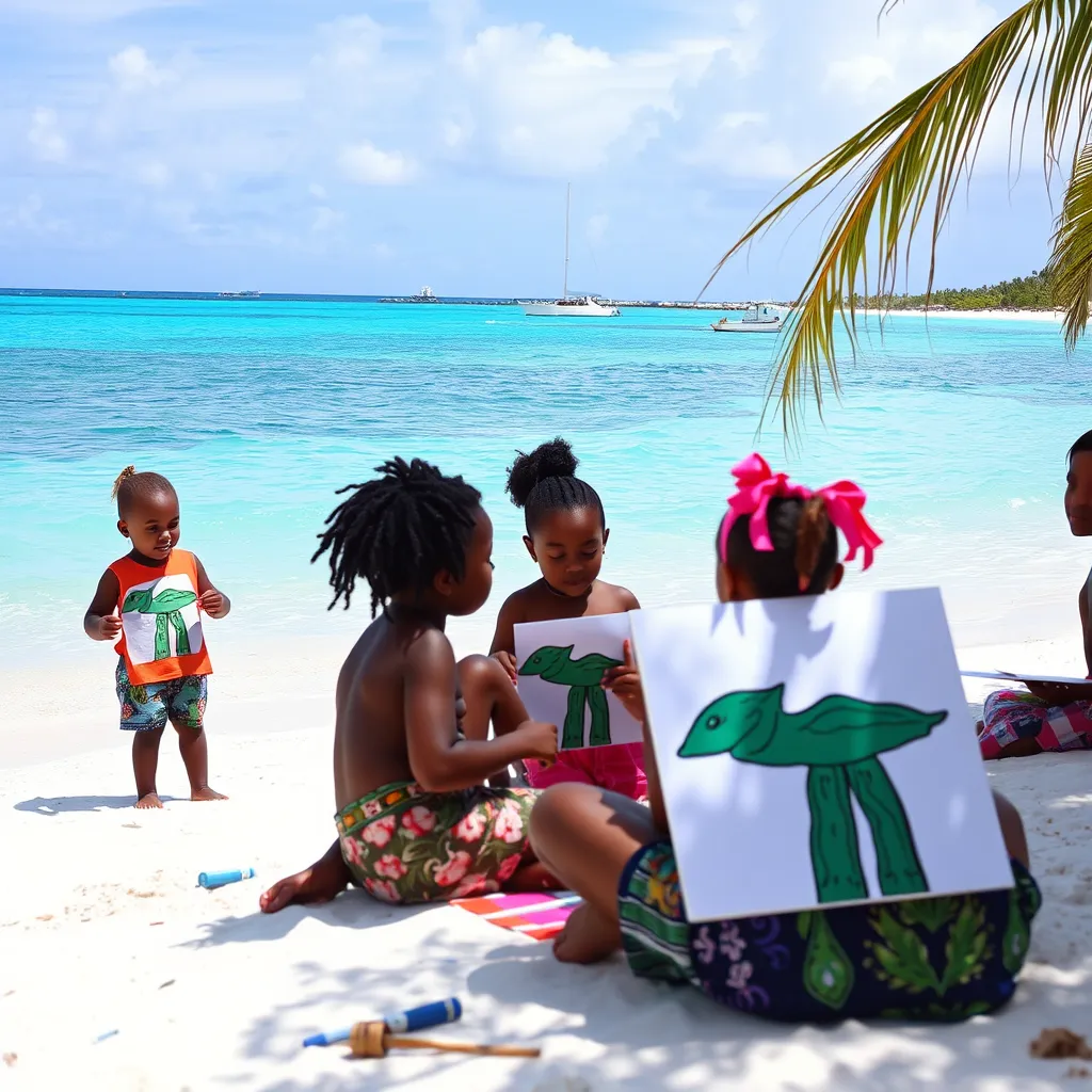 An educational workshop at a beachside location with diverse groups of people, including children and adults, engaging in creative activities such as painting, planting, and discussing sustainable practices. The scene should be lively, colorful, and filled with cultural artifacts.