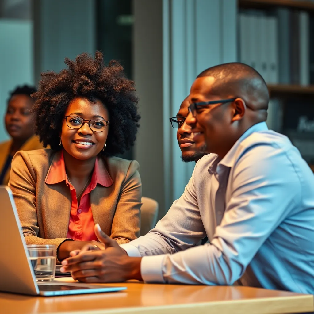 Create a photorealistic image of a professional consultant meeting with a business client in a modern office. Bright, natural lighting highlights the warm, welcoming atmosphere. The consultant is holding a tablet displaying a graph, indicating successful bulk order planning. A large window showcases lush Caribbean landscapes in the background, emphasizing the origin of the products. The color palette includes soft earth tones and vibrant greens. The camera angle is eye-level, and the perspective is focused on the interaction between the consultant and the client. Detailed textures of wooden furniture and the tablet screen's glossy finish should be clearly visible. The environment features indoor plants and orderly stacks of product brochures. The image should be in 8K resolution, hyperrealistic, and ultra-detailed, effectively communicating professionalism and the tropical origin of the products.