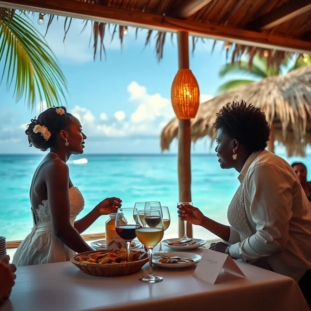 A stunning beachfront restaurant setting at Good Vybz, featuring a chef creatively plating a vibrant dish of Caribbean cuisine. The scene is bathed in soft diffused lighting reflecting the warm sunset, with palm trees swaying gently in the background. The color palette includes rich greens, deep blues, and warm oranges, creating a joyful and inviting atmosphere. The camera angle is slightly above eye level, capturing a close-up of the dish accompanied by local fresh fruits and herbs artfully arranged on the table. Textures of the wooden table are detailed, highlighting the natural materials used. Small decorative elements, such as traditional woven baskets and colorful ceramics, are placed on the table. The style references contemporary Caribbean photography, ensuring a hyperrealistic and ultra-detailed image at 8K resolution.