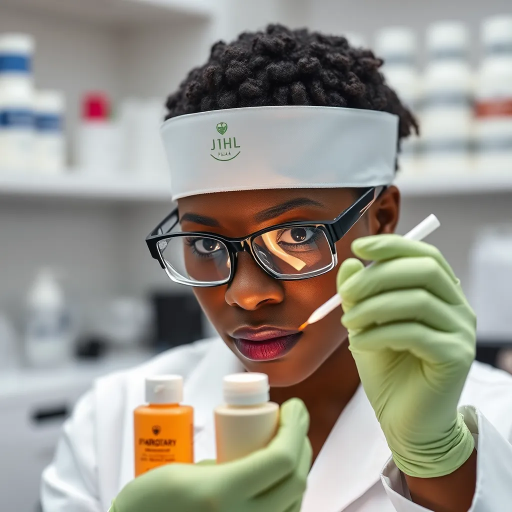 Generate a photorealistic image of a quality control laboratory with a technician examining a sample of Rewards Rub. Soft, white overhead lighting illuminates the room, creating a clean, sterile environment. The color palette consists of whites, blues, and metallic grays to emphasize clinical precision. The technician, wearing a white lab coat and gloves, is focused and attentive, holding the product under a magnifying glass. The camera angle is a close-up shot from a slight side perspective, capturing the intricate details of the product and the meticulous care taken. The environment includes lab equipment, glass beakers, and shelves stocked with various pain relief products. The highly detailed textures of the lab coat, gloves, and product packaging should be evident. The style should reflect scientific rigor and trustworthiness, rendered in 8K resolution and hyperrealistic detail.