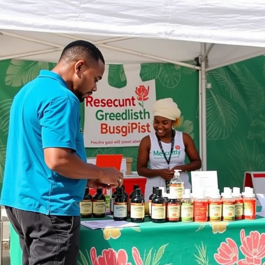 A dynamic festival atmosphere at Windsor Park Stadium, featuring wellness workshops, local culinary showcases, and sporting demonstrations. People of all ages are participating in fun activities, with tables displaying fresh local foods and vibrant cultural decorations filling the scene.