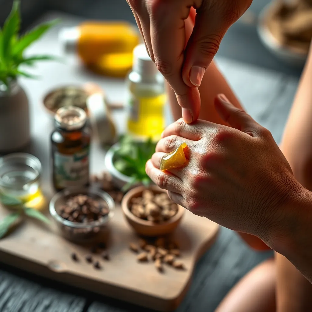 Close-up of hands applying a natural pain relief rub on sore muscles, with ingredients like cannabis seed oil, herbs, and natural anti-inflammatory components displayed prominently in the background.