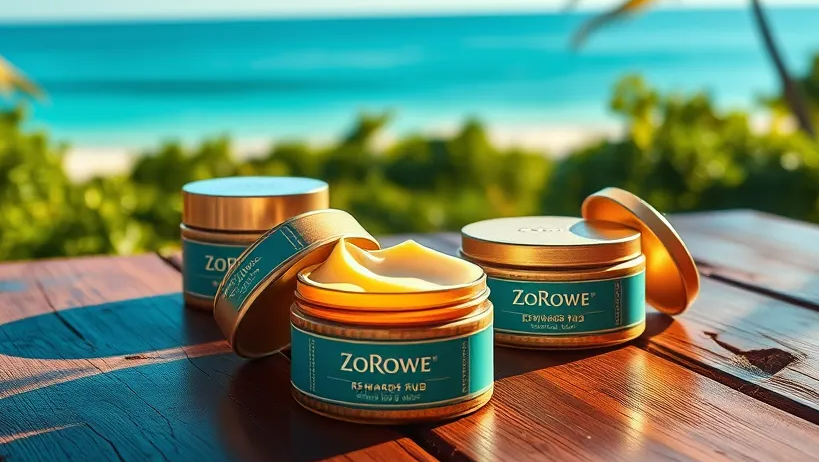 Create a photorealistic, ultra-high quality header image that captures the essence of ZoRowe's business. The subject features an inviting Caribbean landscape with a clear, vibrant blue sky, tropical lush greenery, and a serene beach in the distance. In the foreground, a set of elegantly designed containers of Rewards Rub are artfully arranged on a rustic wooden table, with some containers open to reveal the smooth texture of the rub inside. The containers should display the ZoRowe logo prominently. The lighting is warm and natural, simulating a late afternoon glow that casts gentle shadows, highlighting the product labels and the texture of the natural surroundings. The color palette should be a harmonious blend of the cool blues and greens of the landscape with the warm earthy tones of the wood and product packaging, evoking a mood of calm and relief. The camera angle is at eye level with a slight downward tilt, giving a clear view of both the products and the beautiful background. Include details such as the texture of the wooden table, the smooth surface of the Rewards Rub, and the vivid colors of the landscape. The image should include subtle background elements relevant to the Caribbean, like a glimpse of palm fronds or local flowers, and be in 8K resolution with hyperrealistic style. Ensure the scene feels authentic and inviting, capturing both the tropical essence and the high-quality nature of the product., ultra high resolution, photorealistic, 8K, hyperdetailed, cinematic lighting