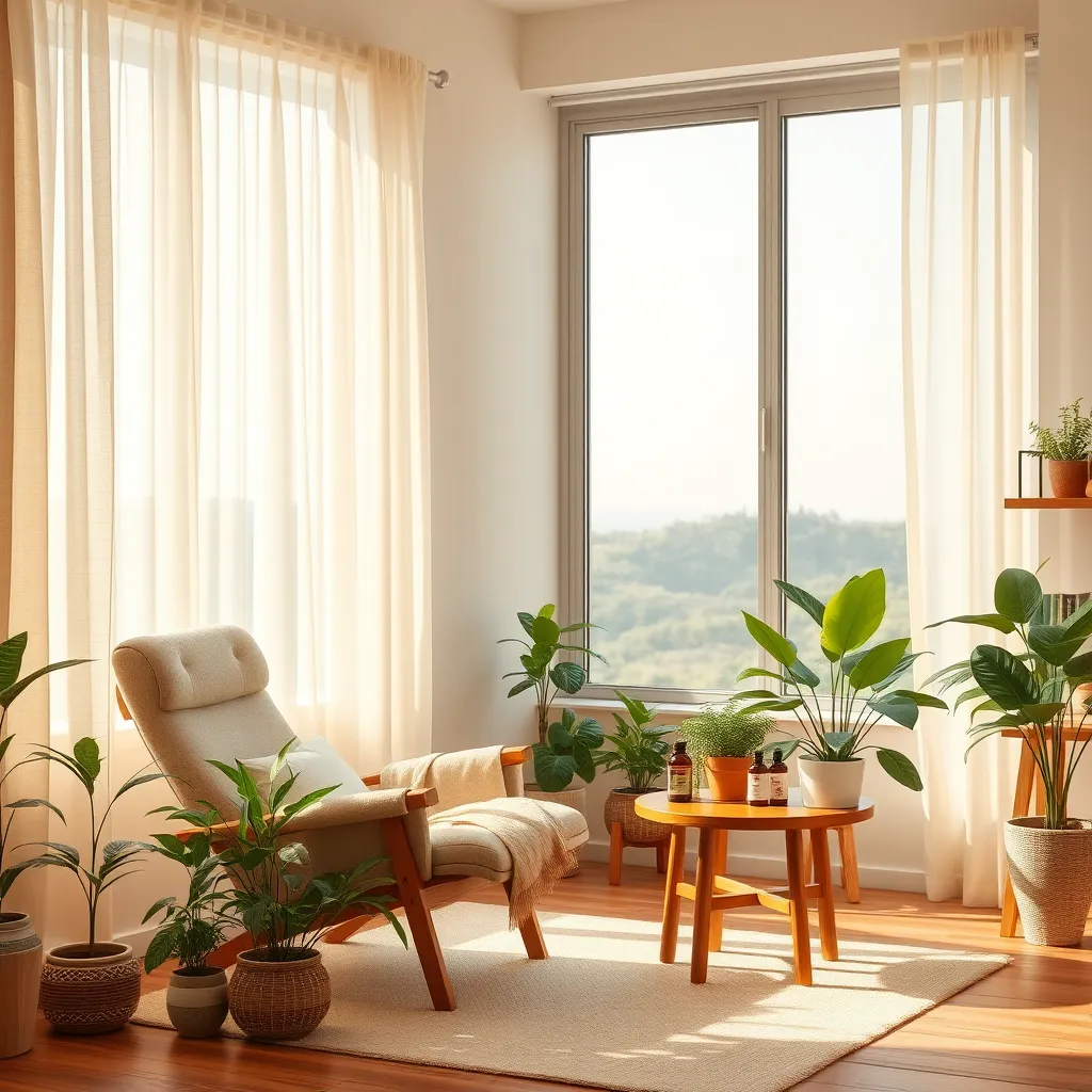 Create a photorealistic image of a warm, inviting consultation room for naturopathy. The room has soft diffused lighting with natural light coming through a large window adorned with sheer curtains. In the foreground, a comfortable reclined chair is surrounded by potted plants and books about health and wellness on a wooden shelf. A small table holds essential oils and herbal remedies, giving an impression of tranquility and professionalism. The color palette should include earthy tones like greens and browns, creating a serene atmosphere. The background features a peaceful landscape visible through the window, suggesting nature's influence. Capture this in ultra-high quality, 8K resolution, emphasizing natural textures of wood and fabric, creating a hyperrealistic feel.