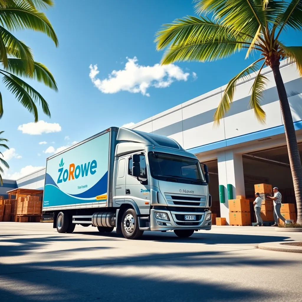 Design a photorealistic image showing a delivery truck branded with ZoRowe's logo, parked in front of a modern wholesale distribution center. The scene is set in bright daylight with clear blue skies, showcasing a warm, tropical Caribbean environment. The color palette includes vibrant blues, whites, and greens. The camera angle is a wide shot from a low perspective, capturing the full view of the truck, the building, and palm trees swaying gently in the background. Detailed textures of the truck's metallic surface, the logo, and the greenery should be prominent. The environment features neatly arranged loading bays and workers efficiently handling boxes marked as ‘Rewards Rub’. The overall mood conveys efficiency, reliability, and tropical freshness. The image should be in 8K resolution, hyperrealistic, and ultra-detailed, ensuring the quality and origin of the service are clearly communicated.