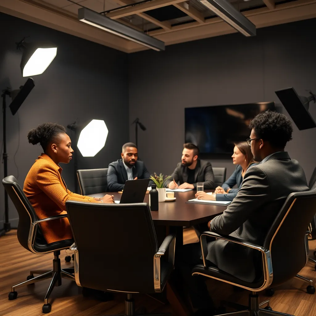 A professional consultant discussing strategies with a business team in a modern office. The table is covered with laptops and documents, and the screen shows data analytics and creative visuals, highlighting collaboration and personalized service in the audiovisual sector.