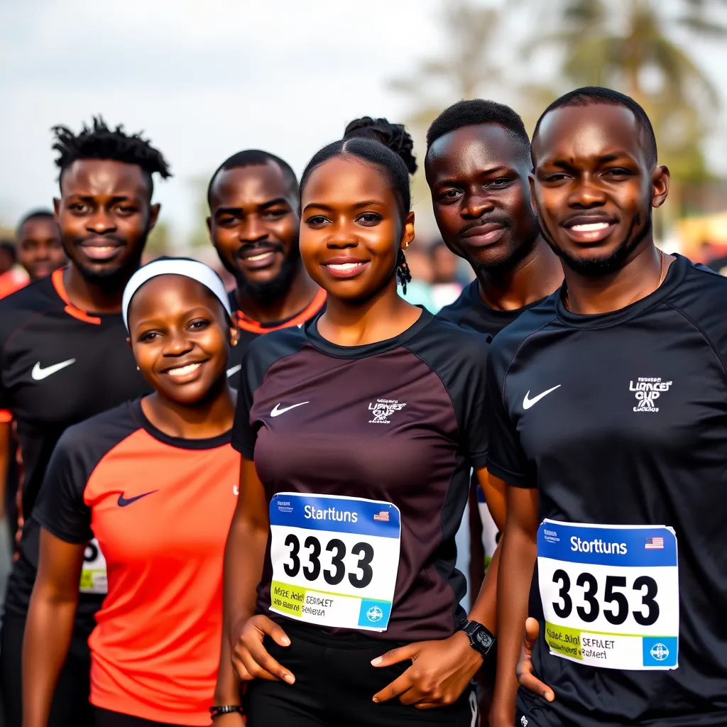 An engaging photo showing a group of employees from different organizations collaborating as a team, wearing matching team shirts while preparing for the relay race. They are smiling, encouraging each other, with banners promoting 'Healthy Community' in the background.