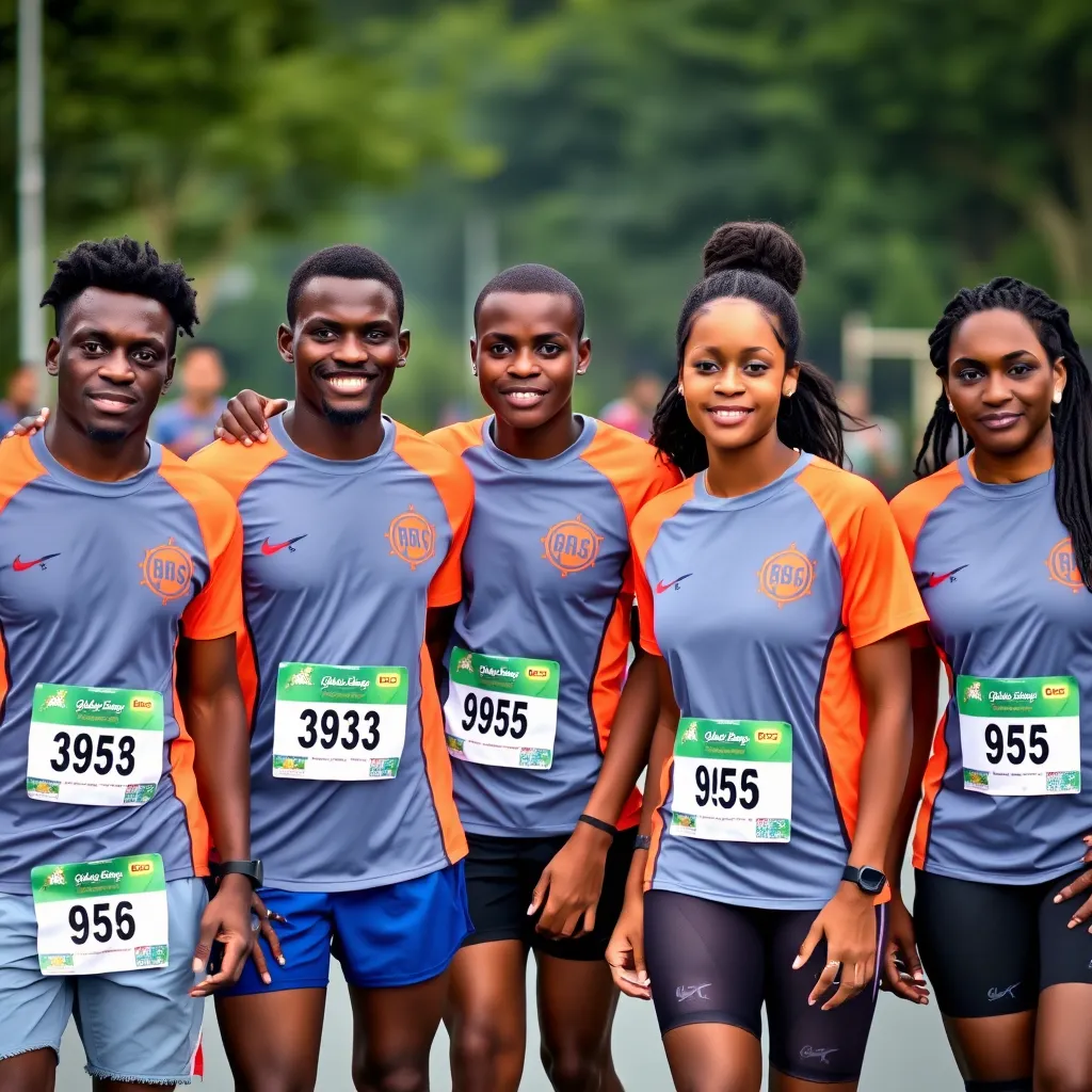 A group of employees dressed in matching team shirts, smiling and preparing for the race. Show them warming up together, with a corporate building in the background and motivational banners promoting health and teamwork surrounding them.