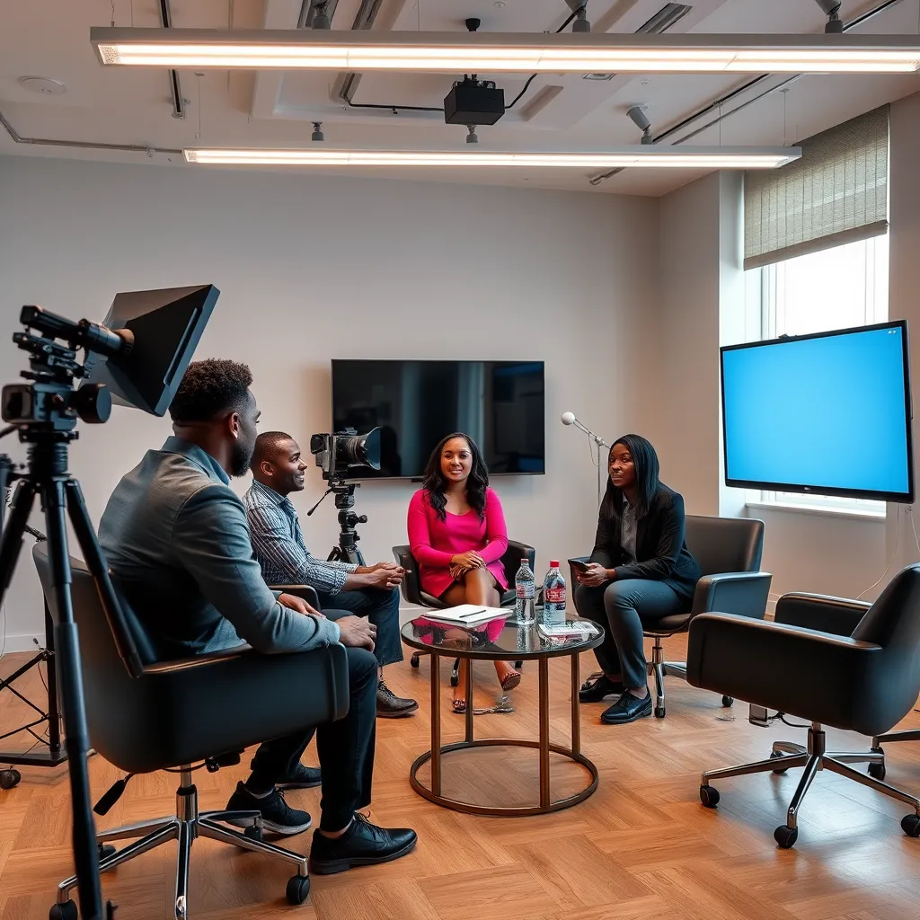 A dynamic and creative studio environment showcasing diverse professionals collaborating over a multimedia project. The scene should include screens displaying vibrant video content, brainstorming sessions with colorful post-it notes, and an atmosphere of innovation and teamwork.