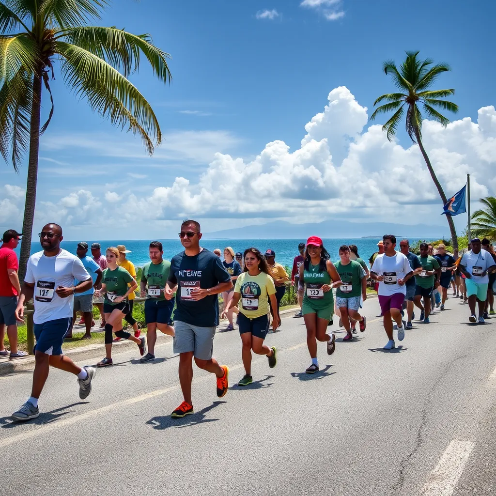 A lively scene from the 'Health Walk' in Roseau, Dominica, featuring diverse participants in vibrant athletic gear. The soft lighting casts a warm glow, highlighting the expressions of determination and camaraderie. Iconic landmarks such as the Botanical Gardens and Windsor Park Stadium serve as the backdrop, surrounded by lush greenery and bright tropical flowers. The atmosphere is energetic, with cheering spectators and encouraging volunteers. The image, captured from a low angle, conveys the excitement of the event. The color palette includes bright blues, greens, and yellows, creating a festive mood. The image is hyperrealistic, with detailed textures of athletic wear and the natural surroundings, shot in stunning 8K resolution.