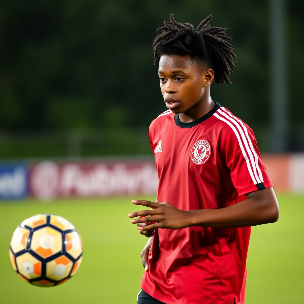 A collage of images showing young players from around the world training, participating in matches, and receiving mentorship. The background features iconic football stadiums and cultural landmarks, symbolizing a global legacy in football transformation.