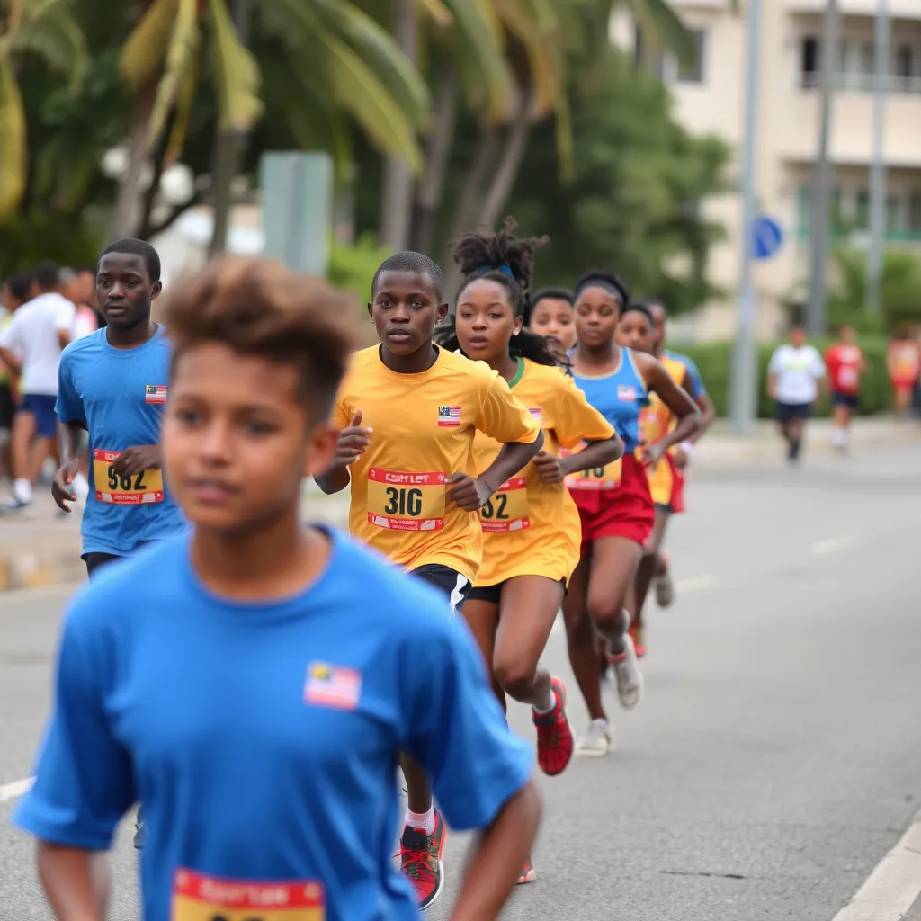 A vibrant scene from the 'Kréyol Run For Health' relay race in Roseau, Dominica, showcasing diverse teams in colorful athletic gear, actively participating in the competition. The beautiful Botanical Gardens and Windsor Park Stadium serve as the scenic backdrop, surrounded by lush greenery and bright tropical flowers. The atmosphere is energetic, with cheering spectators and encouraging volunteers. The image captures the excitement of the race from a dynamic low angle, with a color palette of bright blues, greens, and yellows adding to the festive mood. The hyperrealistic image features ultra-detailed textures of athletic wear and the natural surroundings, shot in stunning 8K resolution.
