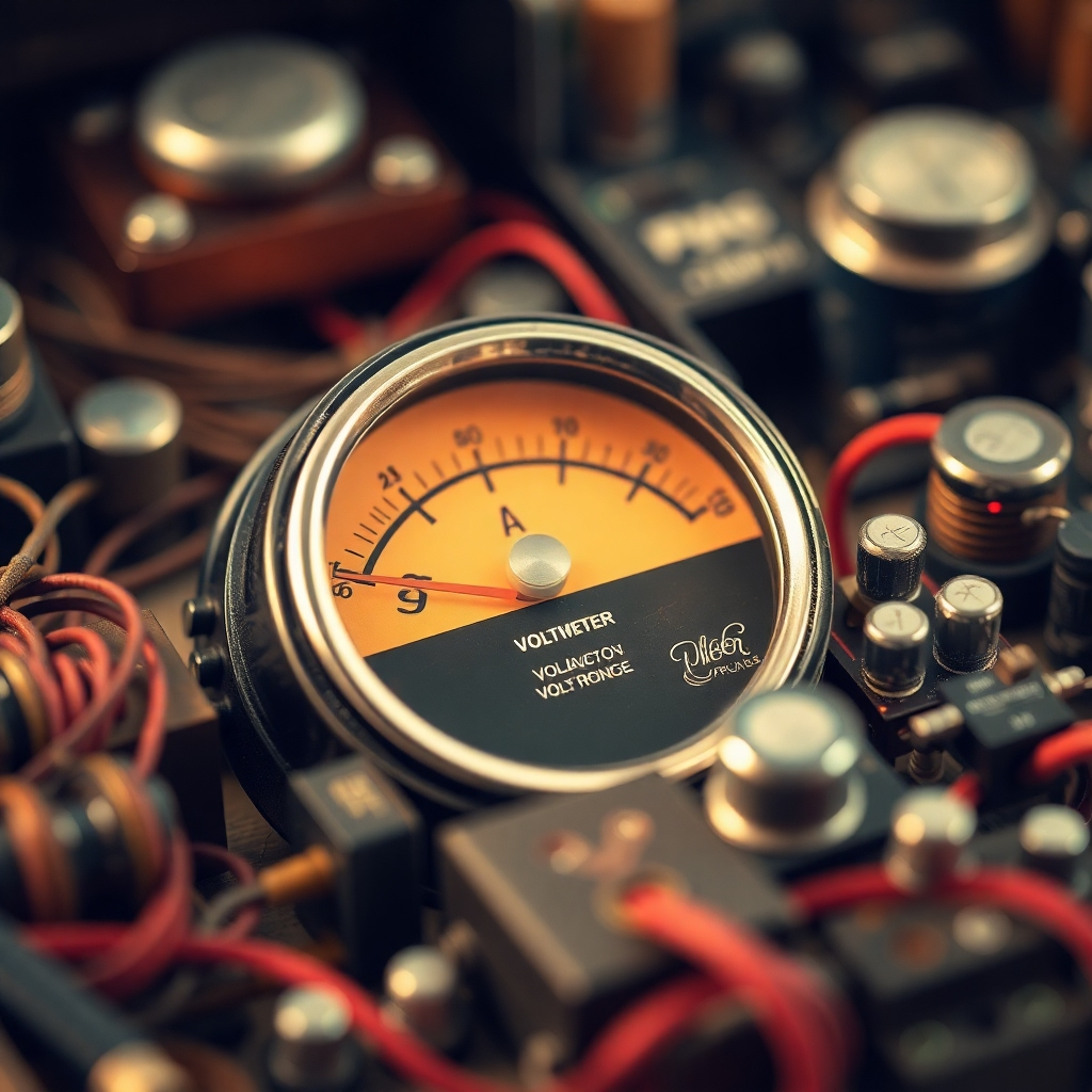 Create an artistic interpretation of an analog voltmeter surrounded by vintage electronic components with a soft focus. The color tones should be warm to evoke a sense of nostalgia, while the detailed texture of the voltmeter and components can be highlighted to showcase their craftsmanship.