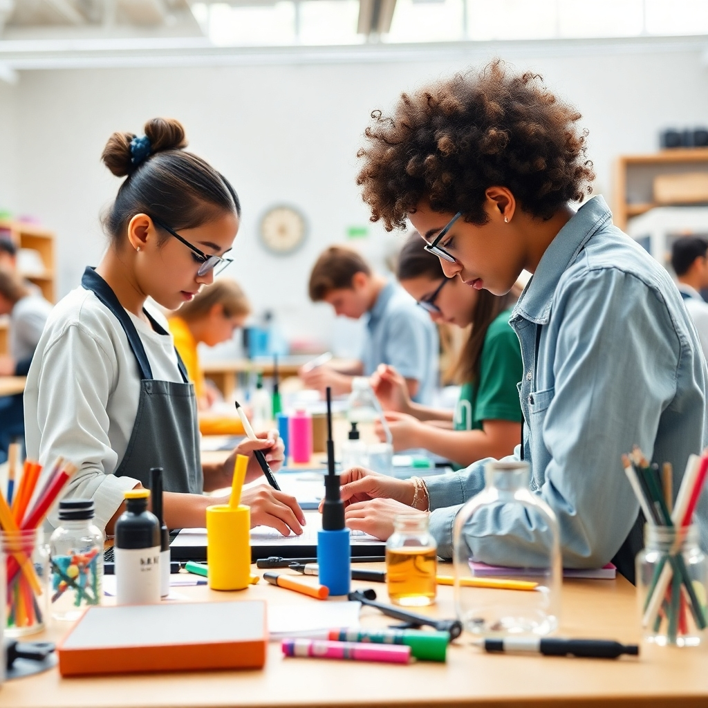 Create an image that shows a vibrant workshop setting with students engaging in multidisciplinary activities. Illustrate diversity in participation and materials, showcasing innovative projects being developed. Bright lighting should fill the room, promoting an inviting learning atmosphere. Capture detailed textures of art supplies, scientific instruments, and technology in use to convey a sense of creativity and education in high-resolution.