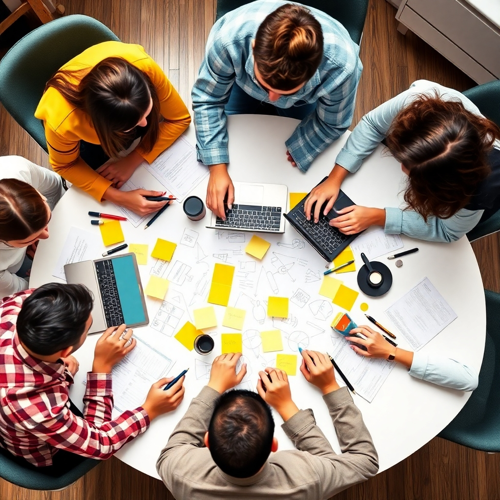 Depict a brainstorming session where students are generating business ideas, surrounded by notes, laptops, and creative tools. The composition should emphasize collaboration, with bright, stimulating colors and an energetic environment. Capture the dynamics from an overhead perspective, enhancing the interactive essence of their discussions. The setting should promote a feeling of exploration and innovation in high resolution.