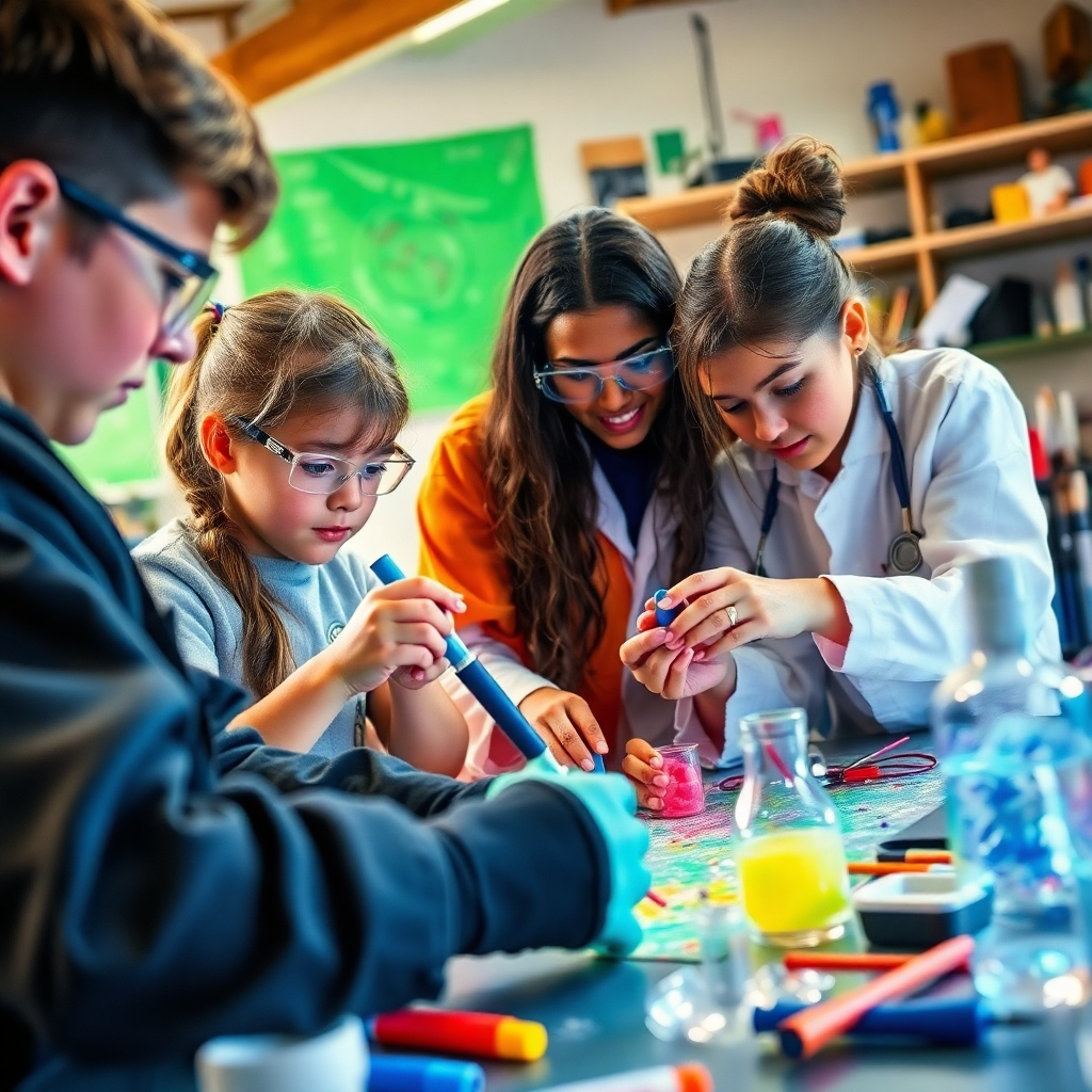 Depict students participating in a collaborative project that integrates science and art, creating a visually stunning piece. The colors and materials should be vibrant, and the environment should be filled with tools from both disciplines. Capture the focus and excitement of students from an engaging angle, bringing in hyperrealistic imagery to show texture details clearly at high quality.