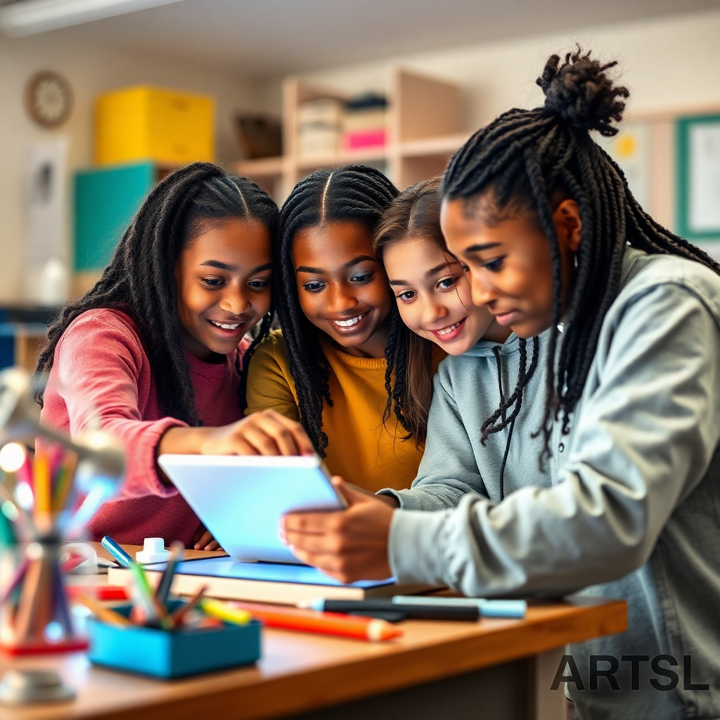 Design a photorealistic image that embodies the mission of STEAM-TEAMS Academy. Feature a diverse group of students collaborating on a technology project, with elements of art, engineering, and mathematics visible around them. The lighting should be soft and warm, creating an inviting atmosphere. The color palette must harmonize bright colors representing creativity and innovation. Capture this scene from a close focal point to emphasize the students’ engagement. The background should include a modern classroom with digital tools and art supplies, styled realistically at 4K resolution for high quality.