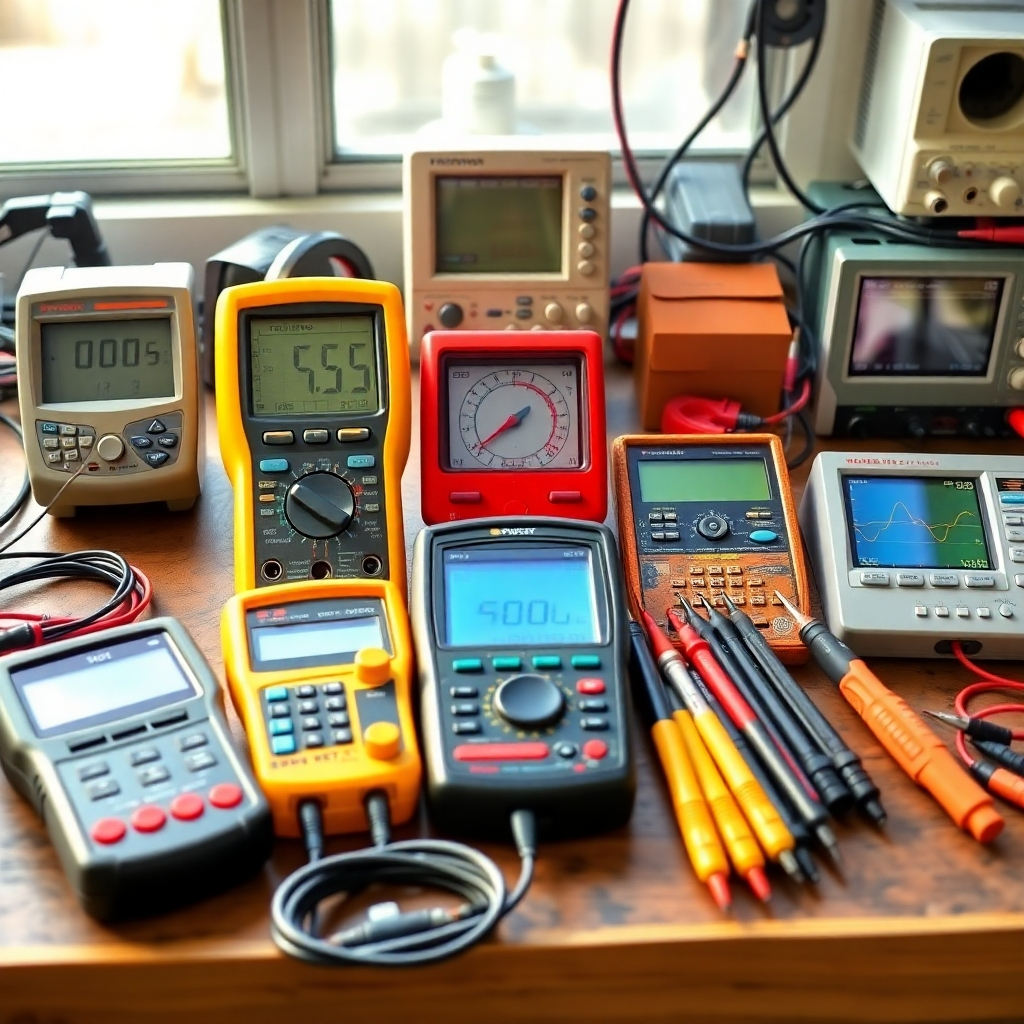 Design an engaging layout featuring various voltage measurement tools such as multimeters, oscilloscopes, and probes. The tools should be displayed on a workbench with natural light illuminating them, creating clear reflections on their surfaces. The image should be organized to guide the viewer's eyes across the array of tools.