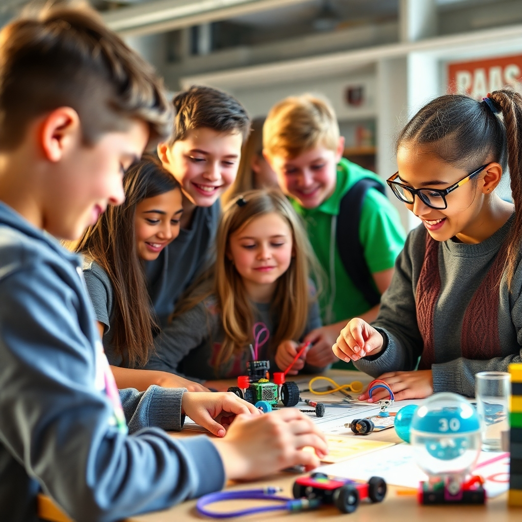 Design an image that features students actively participating in after-school STEAM activities. Capture their excitement and engagement with various hands-on projects, such as robotics or art. The environment should feel lively and inspiring, with bright colors and dynamic compositions that illustrate collaboration and creativity. Use natural and warm lighting to enhance the atmosphere, ensuring high-quality representation.