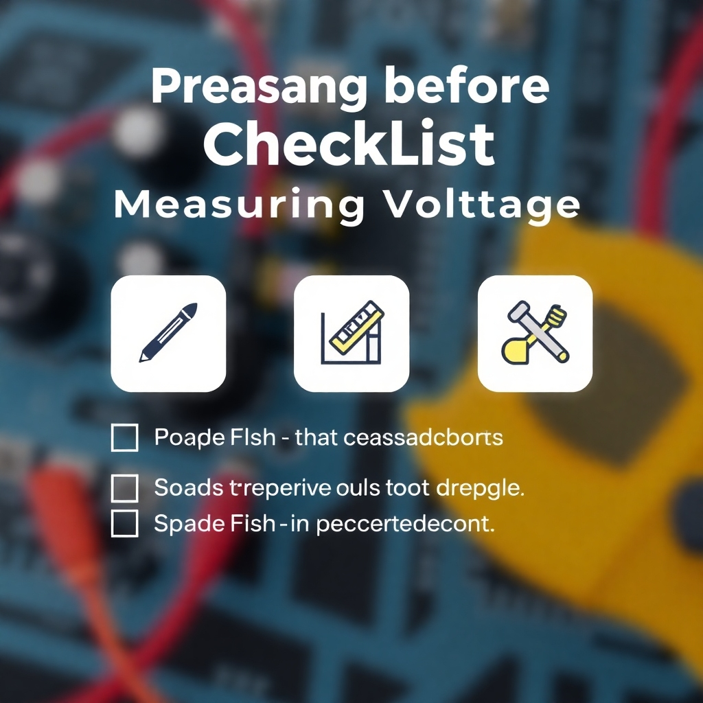 Illustrate a checklist for preparation before measuring voltage, with icons representing each step. Use a clean, modern design with a bright color scheme. The background can feature a blurred circuit setup to tie into the theme, ensuring the checklist stands out as the focal point.
