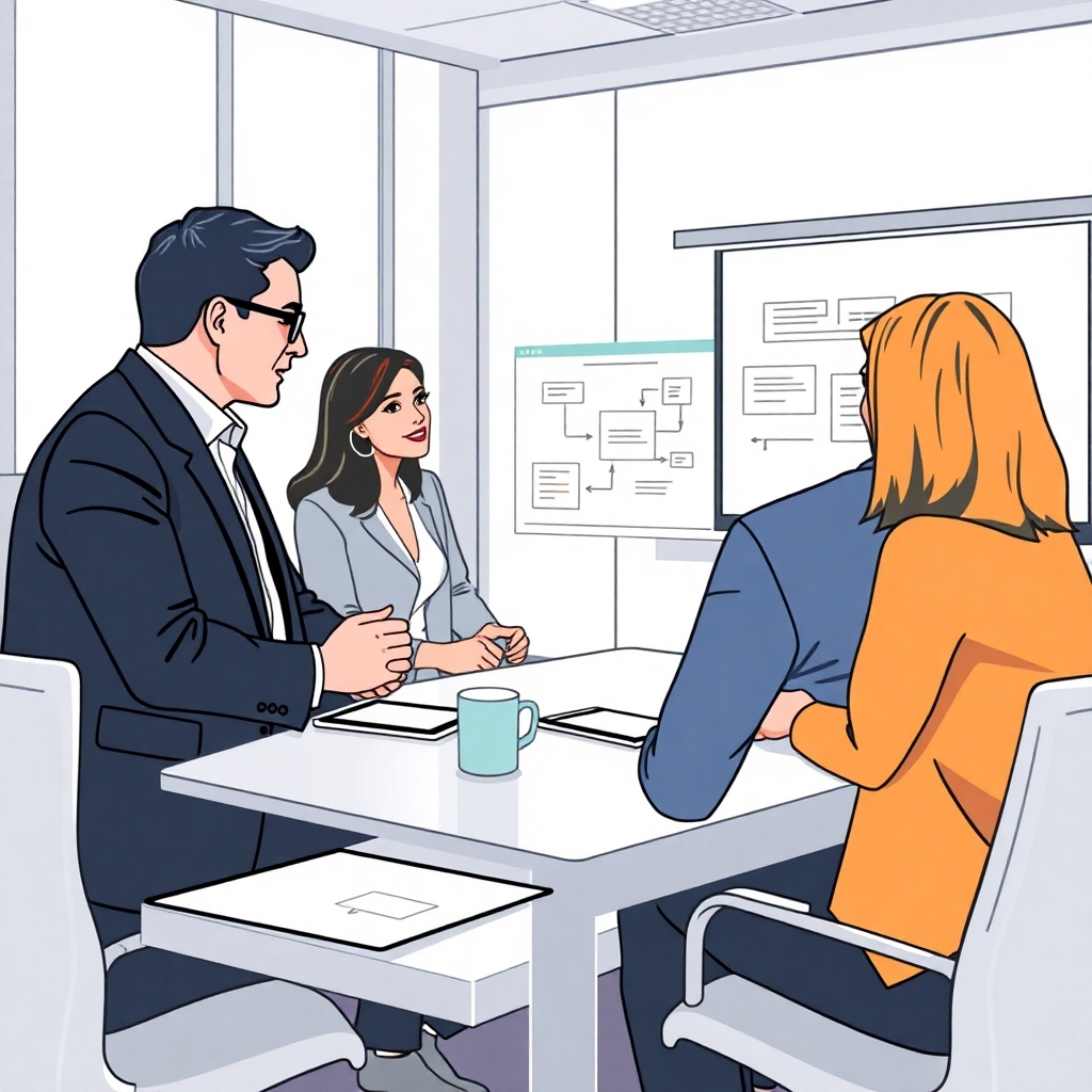 Illustrate a consultant discussing voltage measurement strategies with clients in a conference room. Use a well-lit space with a modern design, and have presentation tools visible. Show a flowchart or diagram on the screen, emphasizing collaboration.