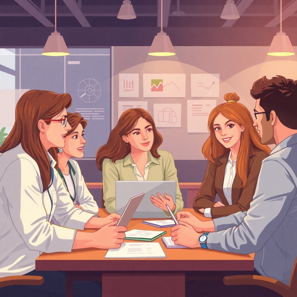 Illustrate a mentoring session where students are interacting with professionals from various STEAM fields. The image should portray a professional yet friendly environment, emphasizing the exchange of guidance and ideas. Warm lighting should enhance the interaction, with relevant props like laptops and educational materials. Capture this scene in a way that showcases ambition and inspiration in high-quality detail.