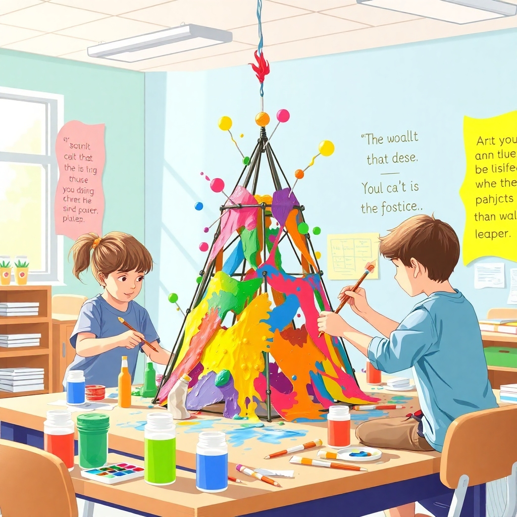 Illustrate a vibrant scene where students are painting an innovative structure, blending arts with scientific principles. The image should emphasize lively colors, showcasing a variety of textures from paint and materials employed. Natural light should pour in, giving a fresh feel. Capture it from a dynamic angle, highlighting their focus and artistic expression. A lively classroom setting with inspiring quotes on the walls enriches the image, created in high-resolution.