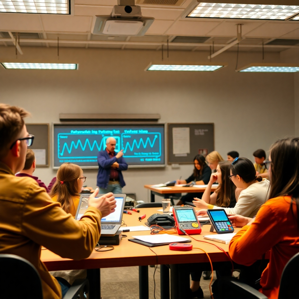 Portray a classroom setting where an instructor is explaining voltage measurement concepts. The classroom should be filled with engaged students and interactive tools. Use bright lighting to create an inviting atmosphere and emphasis on the learning experience.