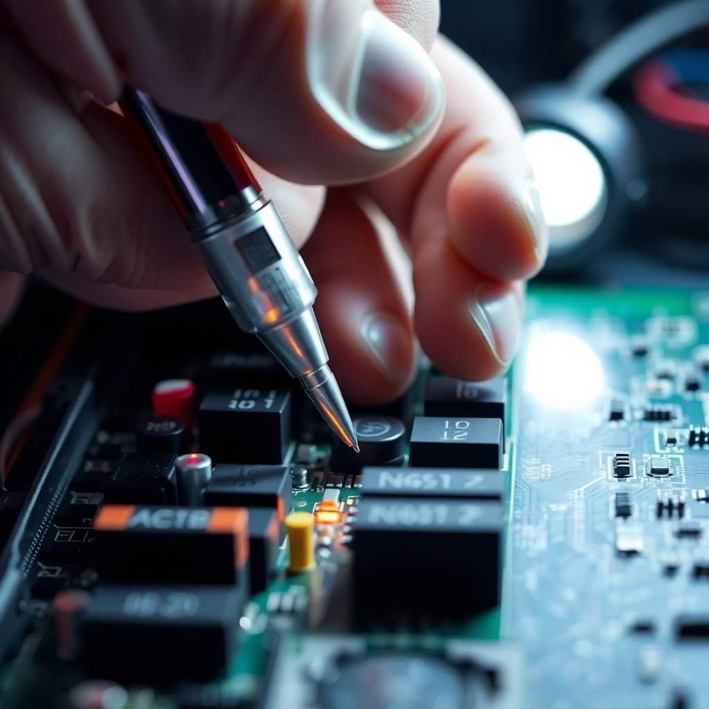 Show a technician performing a voltage measurement on a circuit board with clear tools in hand. The shot should have a dramatic angle, focusing on the technician’s careful placement of the probe. Utilize sharp lighting to create contrast and clarity around the measuring area.