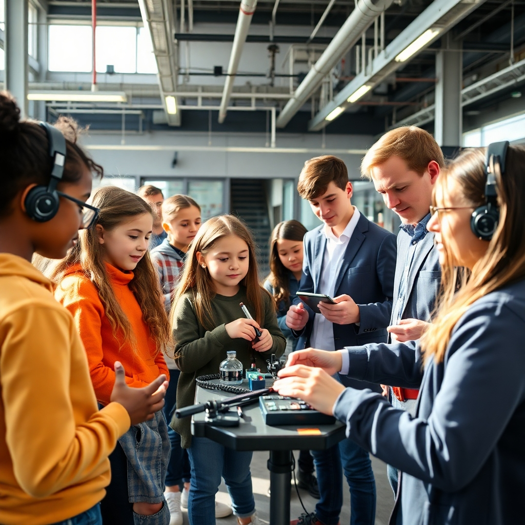 Show students participating in a field trip to a tech company, engaging in hands-on activities with professionals. The environment should be lively and engaging, with modern technology and tools visible. Use natural light to highlight students’ excitement and curiosity. Capture interactions from various angles to create a narrative of learning and growth, to be presented in high-quality detail.