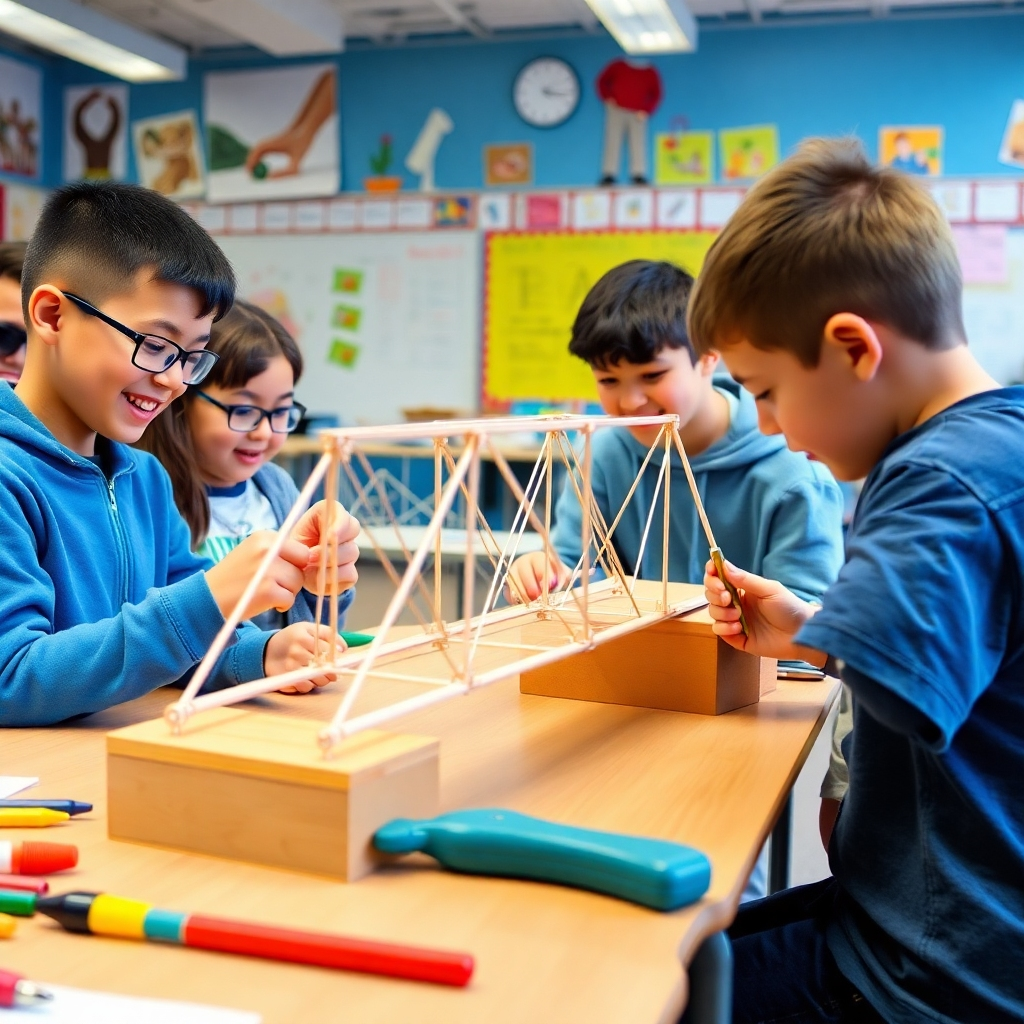 Showcase students involved in a hands-on engineering challenge, constructing a model bridge. The background should illustrate an active classroom with scenes of teamwork and camaraderie. Bright colors should depict the excitement of working together, with meticulous details on tools and materials used. Capture this scene with warmth and engagement, represented in high-resolution quality.