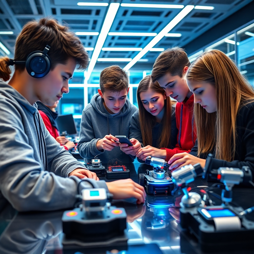 Showcase students working in a high-tech lab, interfacing with robotics and coding projects. The environment should be sleek and modern, with various devices illuminated by cool, futuristic lighting. Focus on the interactions and collaborative spirit among students as they solve complex problems together. The sleekness of the gadgets and surfaces should convey a sense of innovation, with clarity and detail at a high resolution.