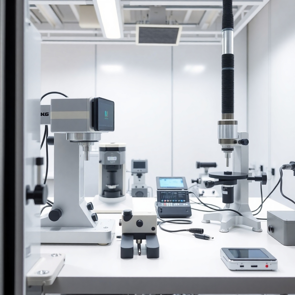 Visualize a calibration lab with state-of-the-art equipment setup, focusing on precision tools and measuring devices being fine-tuned. The environment should have a clinical feel with white and metallic colors, reflecting professionalism and accuracy.