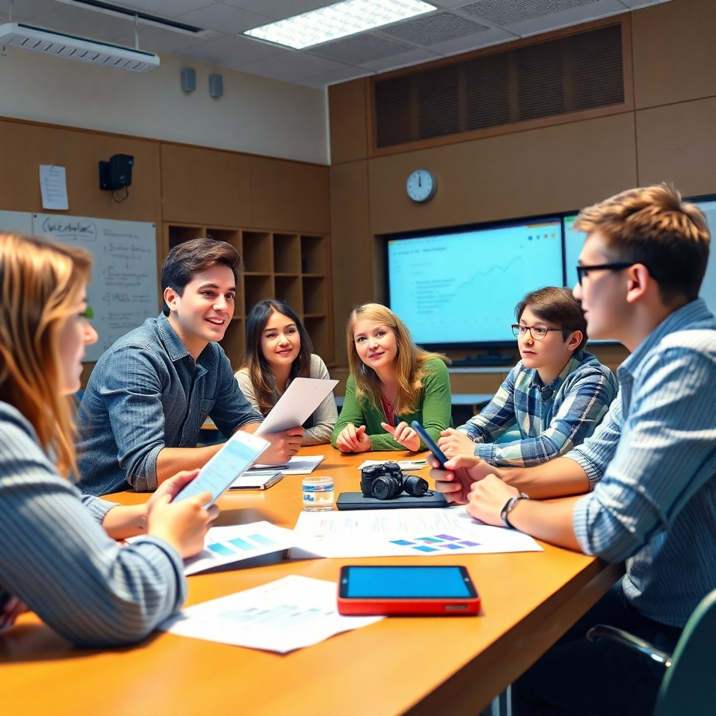 Visualize a classroom dynamic where students are engaged in a debate or problem-solving session, utilizing data and research. The environment should foster an atmosphere of inquiry and thoughtfulness, with props like charts and digital devices scattered around. Use focused lighting to illuminate their expressions while emphasizing the vibrancy of the scene, all crafted in high-quality imagery.