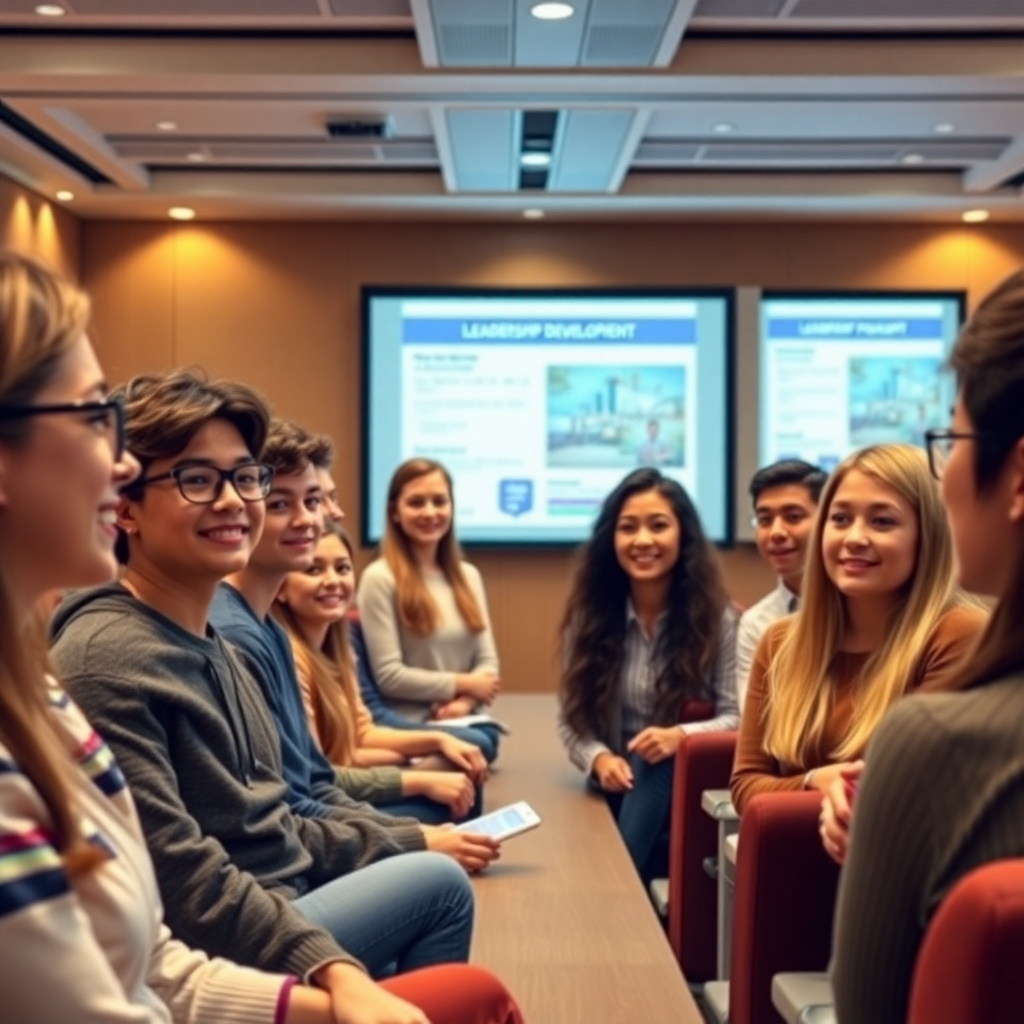 Visualize a group of students presenting their project results to an audience, showcasing their leadership development. The setting can be a well-lit auditorium with a large screen displaying their work. Capture expressions of confidence and engagement among the students and audience. Use warm lighting to create an inspiring atmosphere, ensuring all facial features and details are clear, presented in high-quality resolution.