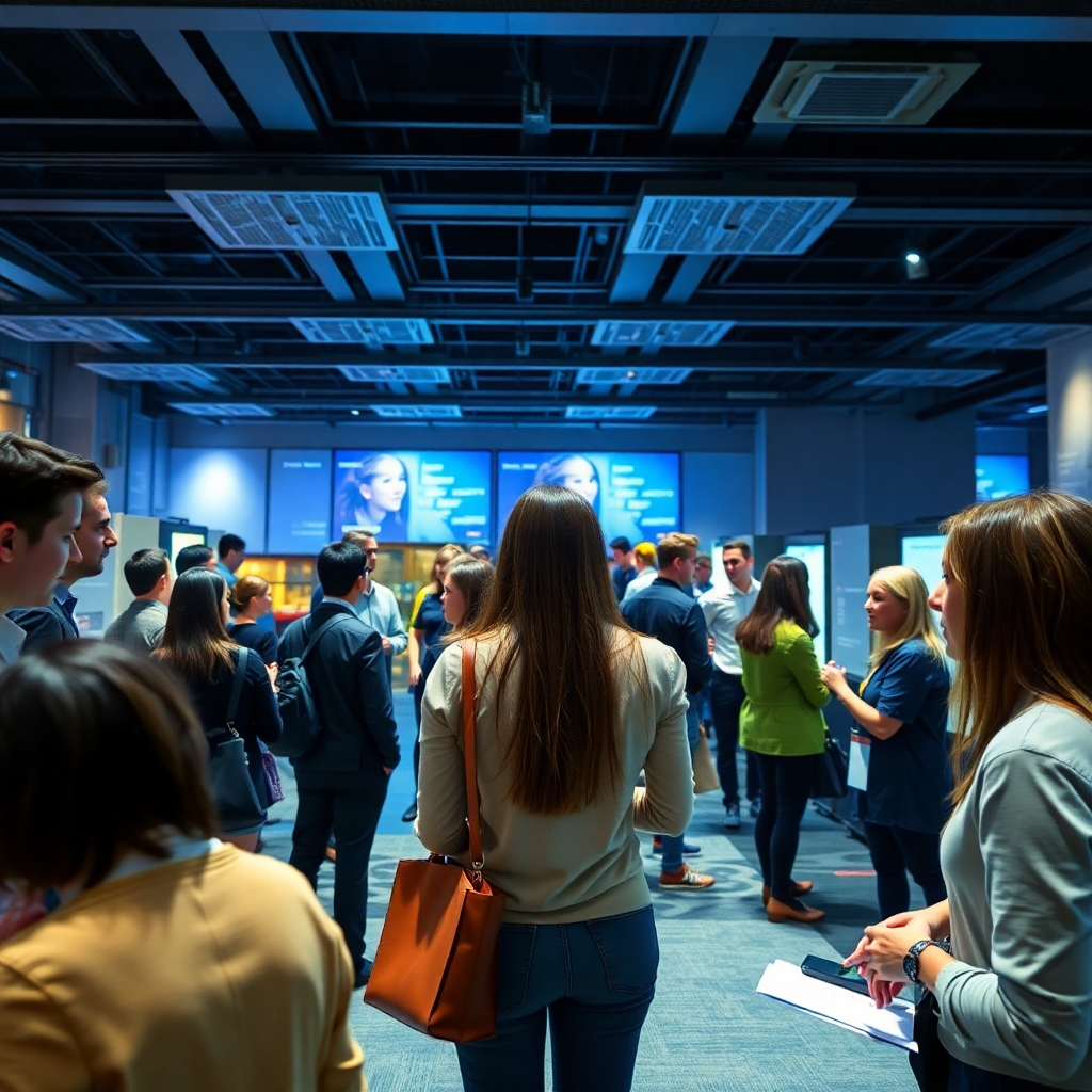 Visualize a professional networking event where students showcase their projects to industry leaders. The atmosphere should be filled with energy, showcasing students’ professionalism and passion. Enhanced lighting should focus on the interactions and presentations. Capture moments where ideas are exchanged naturally and showcase this dynamic environment in rich detail, at a high resolution.