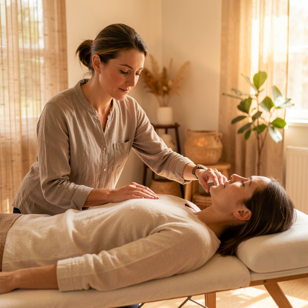 Therapist performing structural integration in a tranquil treatment room