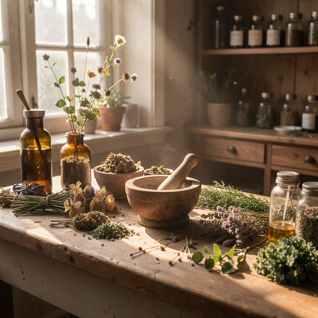 Serene depiction of natural ingredients and the brand's origin
