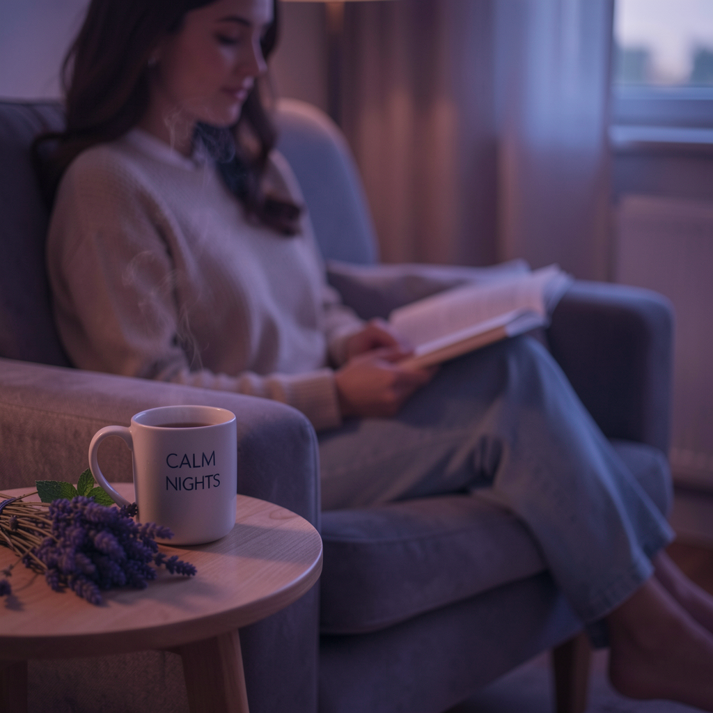 Person relaxing with Calm Nights tea in the evening