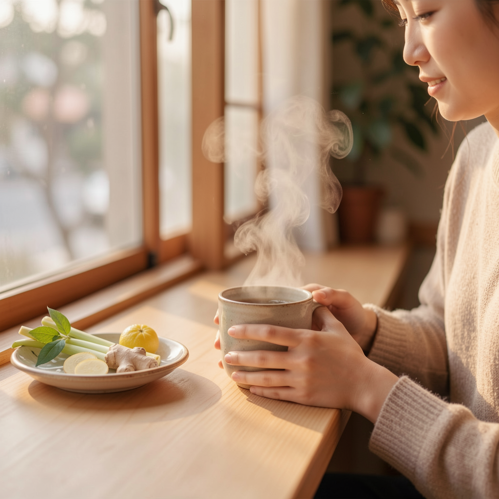 Person enjoying Morning Glow tea in the morning sunlight
