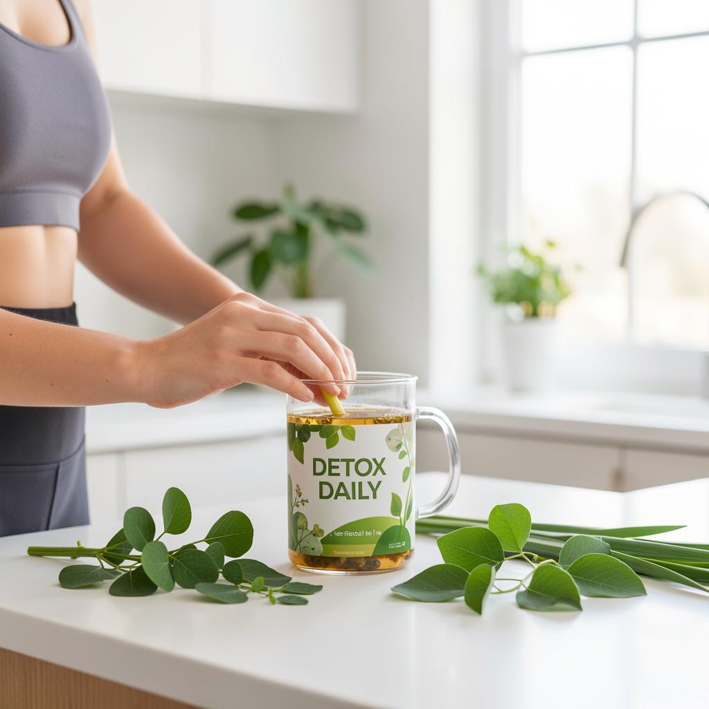 Person preparing or enjoying Detox Daily tea in a bright setting