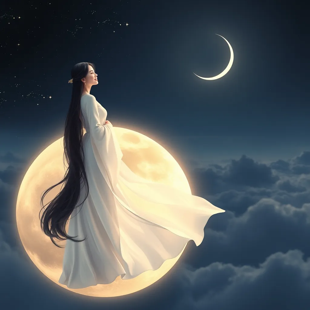 A beautiful woman, wearing a flowing white dress, with long black hair, standing on the moon, looking down at Earth, with a gentle smile on her face. The moon is surrounded by glowing stars and a faint halo of light. In the distance, a crescent moon appears in the night sky. The scene should be painted in a traditional Chinese style, with soft colors and a sense of peace.