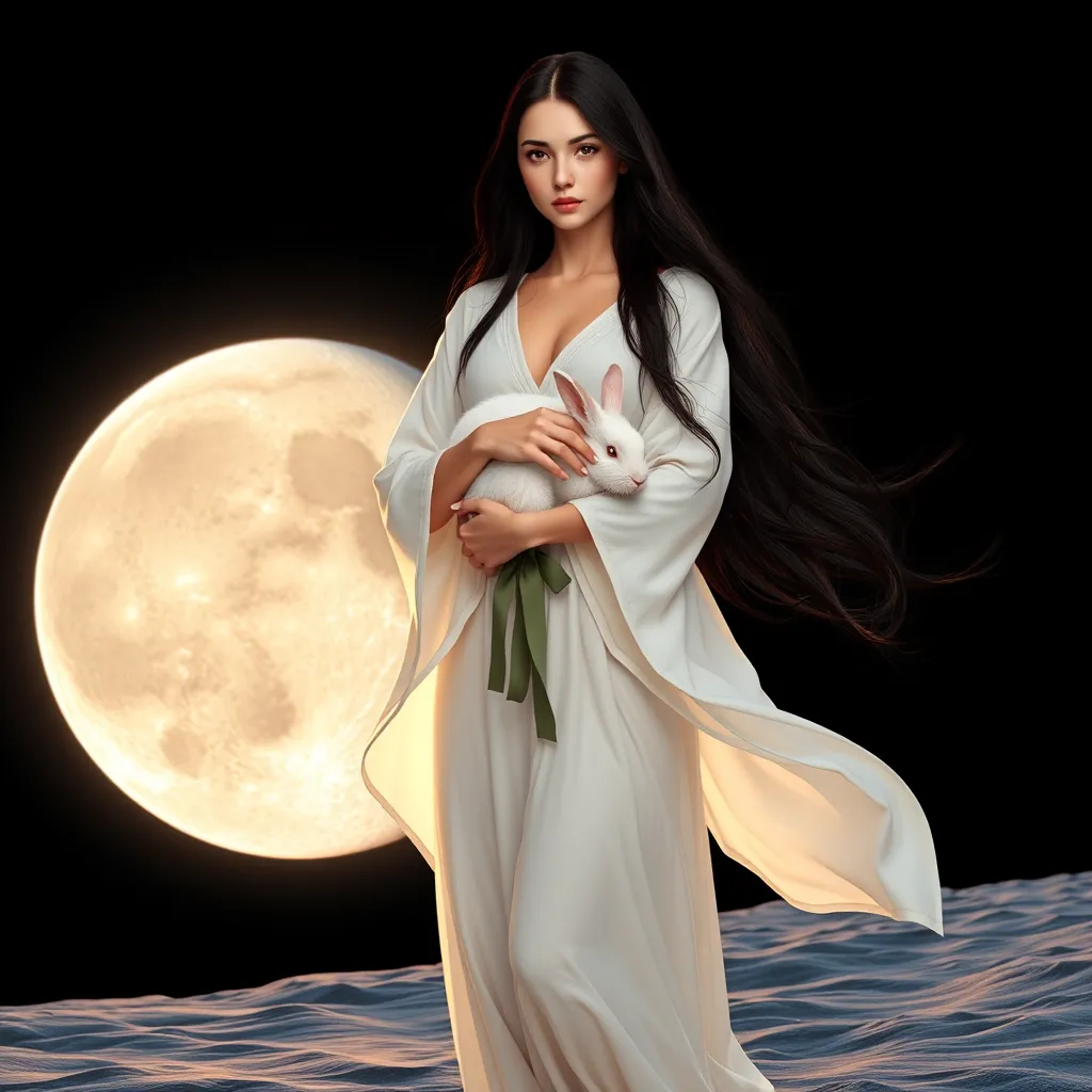 A beautiful woman with long black hair, dressed in flowing white robes, standing on the moon with a serene expression, holding a white rabbit in her arms. The moon is full and bright, casting a soft, warm glow on the woman and rabbit. In the distance, the Earth is a blue marble, and stars twinkle in the black sky. 