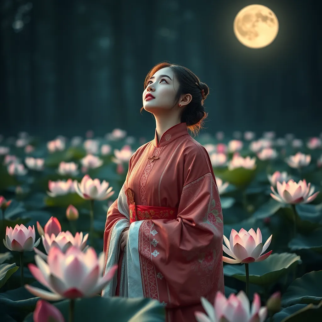 A beautiful young woman in traditional Han Chinese clothing stands in a field of blooming lotus flowers.  The flowers are bathed in moonlight, and the woman's reflection is visible in the water.  She is looking up at the moon, and her expression is serene and peaceful. The background is a dark, mysterious forest.