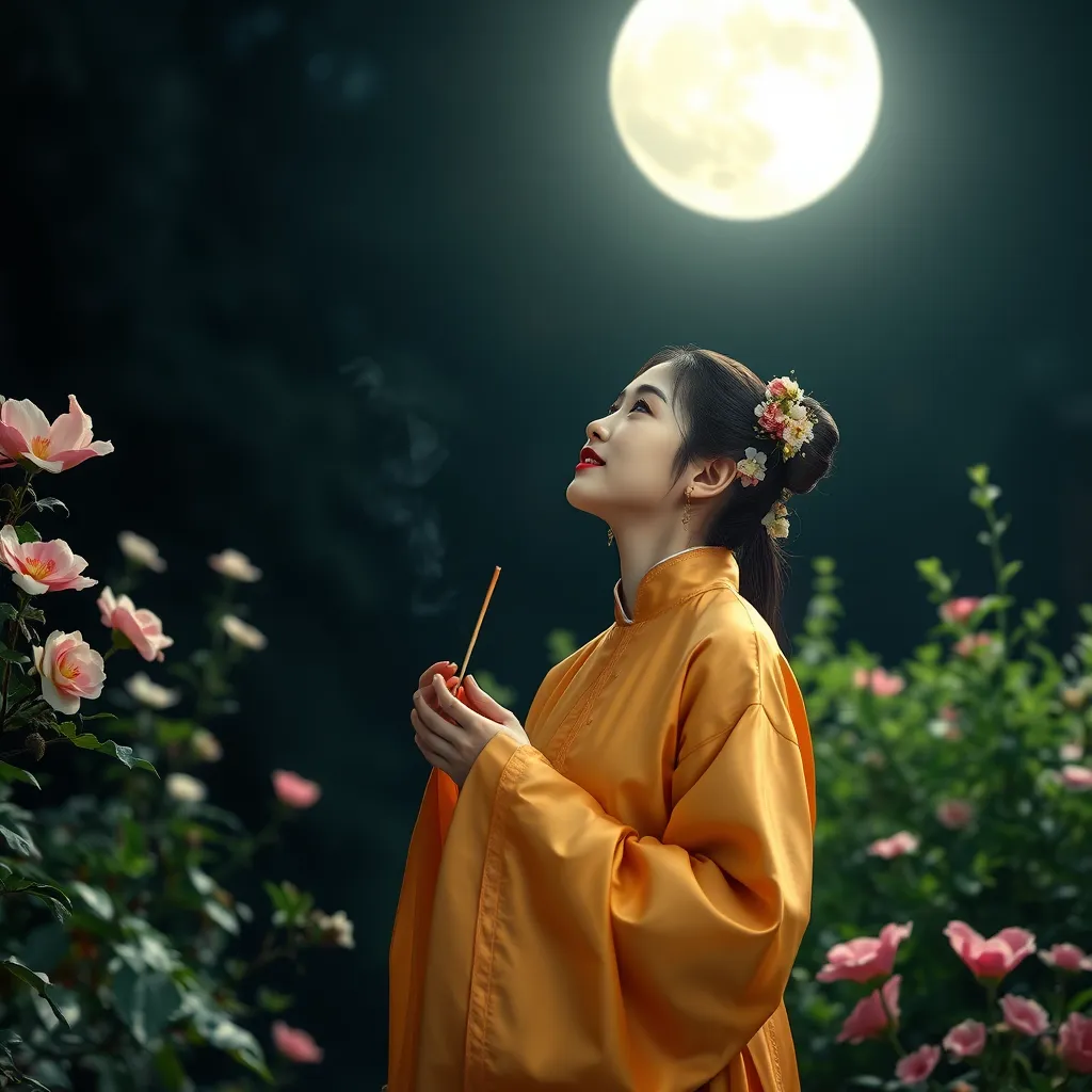 A beautiful young woman in traditional Han Chinese clothing stands in a moonlit garden, looking up at the full moon with a hopeful expression.  She is holding a small offering of incense in her hands. The garden is filled with blooming flowers and lush greenery, and the moonlight casts a soft glow on everything. The woman is dressed in bright silks and her hair is adorned with delicate flowers. The background is a dark, mysterious forest. 